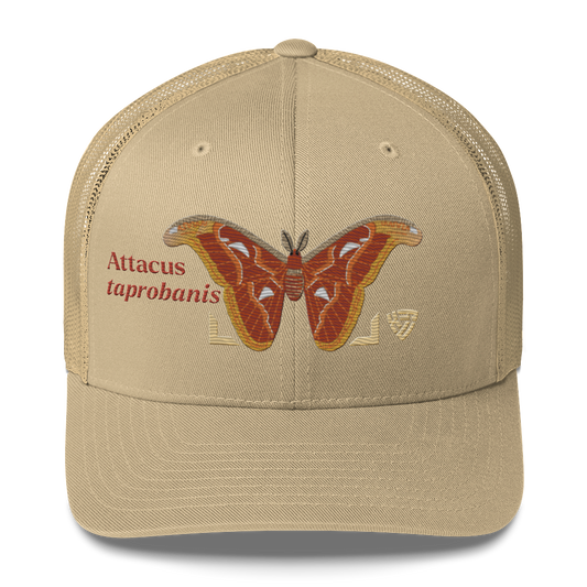 Atlas Moth "Attacus taprobanis" Embroidered Khaki Trucker Hat Front Mockup
