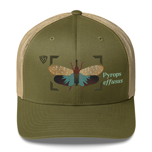 Lanternfly "Pyrops effusa" Embroidered Moss Green & Khaki Trucker Hat Front Mockup