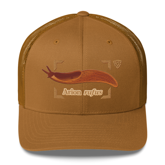 The Large Red Slug "Arion rufus" Embroidered Caramel Trucker Hat Front Mockup