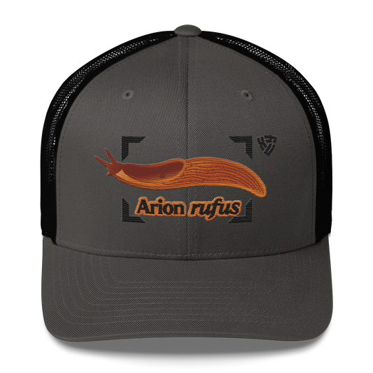 The Large Red Slug "Arion rufus" Embroidered Charcoal Grey & Black Trucker Hat Front Mockup