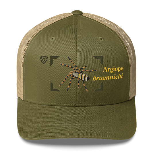 Wasp Spider "Argiope bruennichi" Embroidered Moss Green & Khaki Trucker Hat Front Mockup