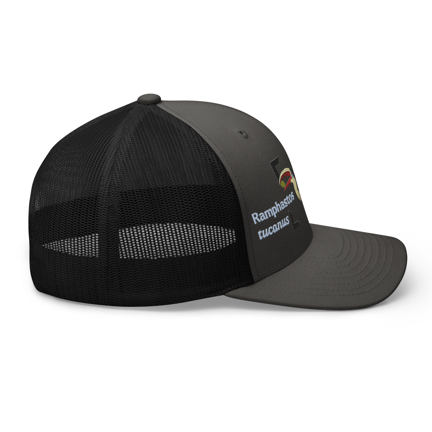 White-throated Toucan "Ramphastos tucanus" Embroidered Charcoal Grey & Black Trucker Hat Right Mockup