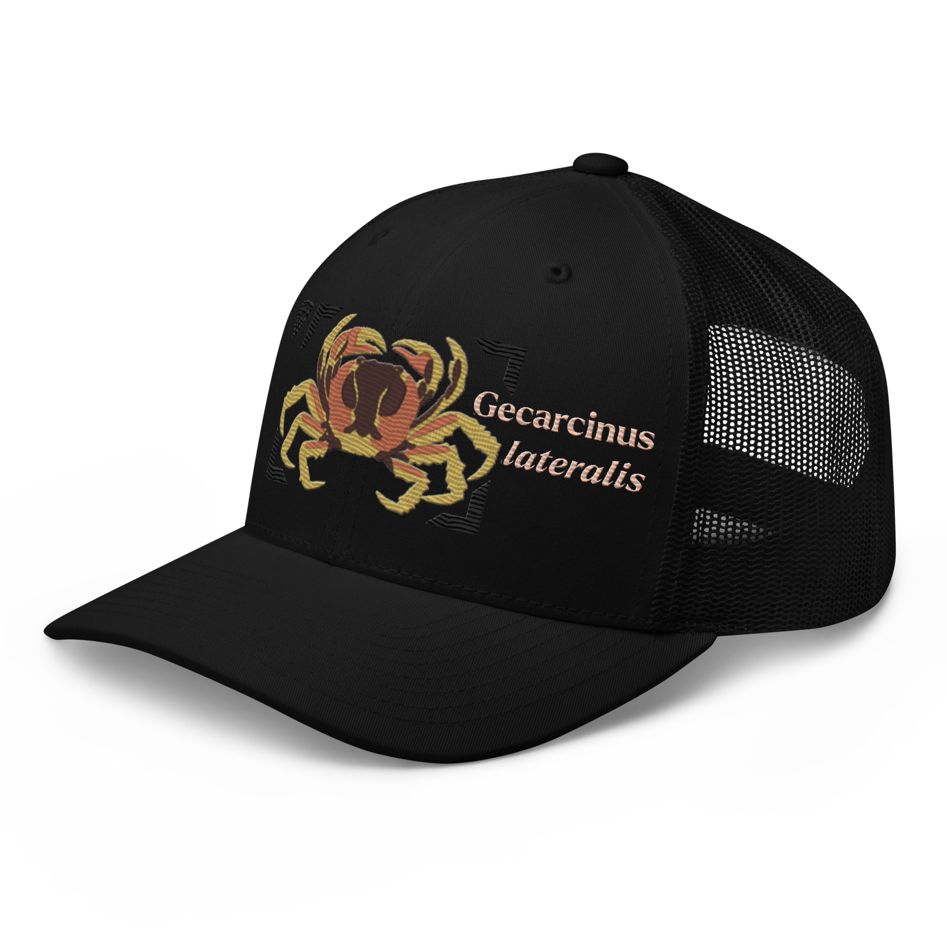Blackback Land Crab "Gecarcinus lateralis" Embroidered Black Trucker Hat Left Front Mockup