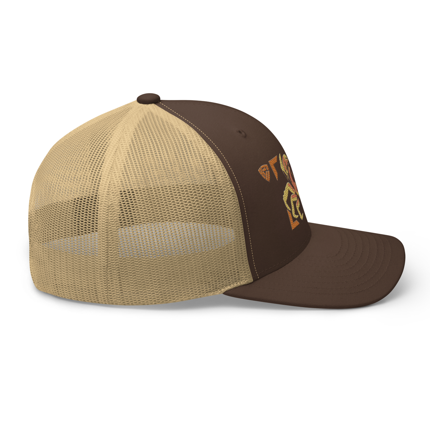 Blackback Land Crab "Gecarcinus lateralis" Embroidered Brown & Khaki Trucker Hat Right Mockup