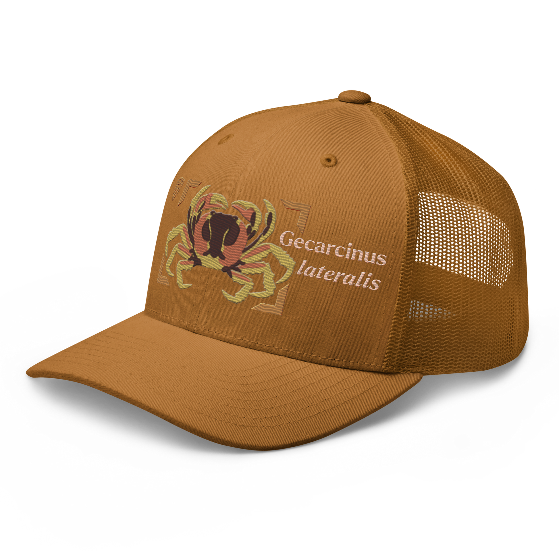 Blackback Land Crab "Gecarcinus lateralis" Embroidered Caramel Trucker Hat Left Front Mockup