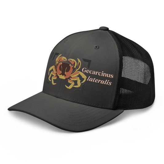 Blackback Land Crab "Gecarcinus lateralis" Embroidered Charcoal Grey & Black Trucker Hat Left Front Mockup