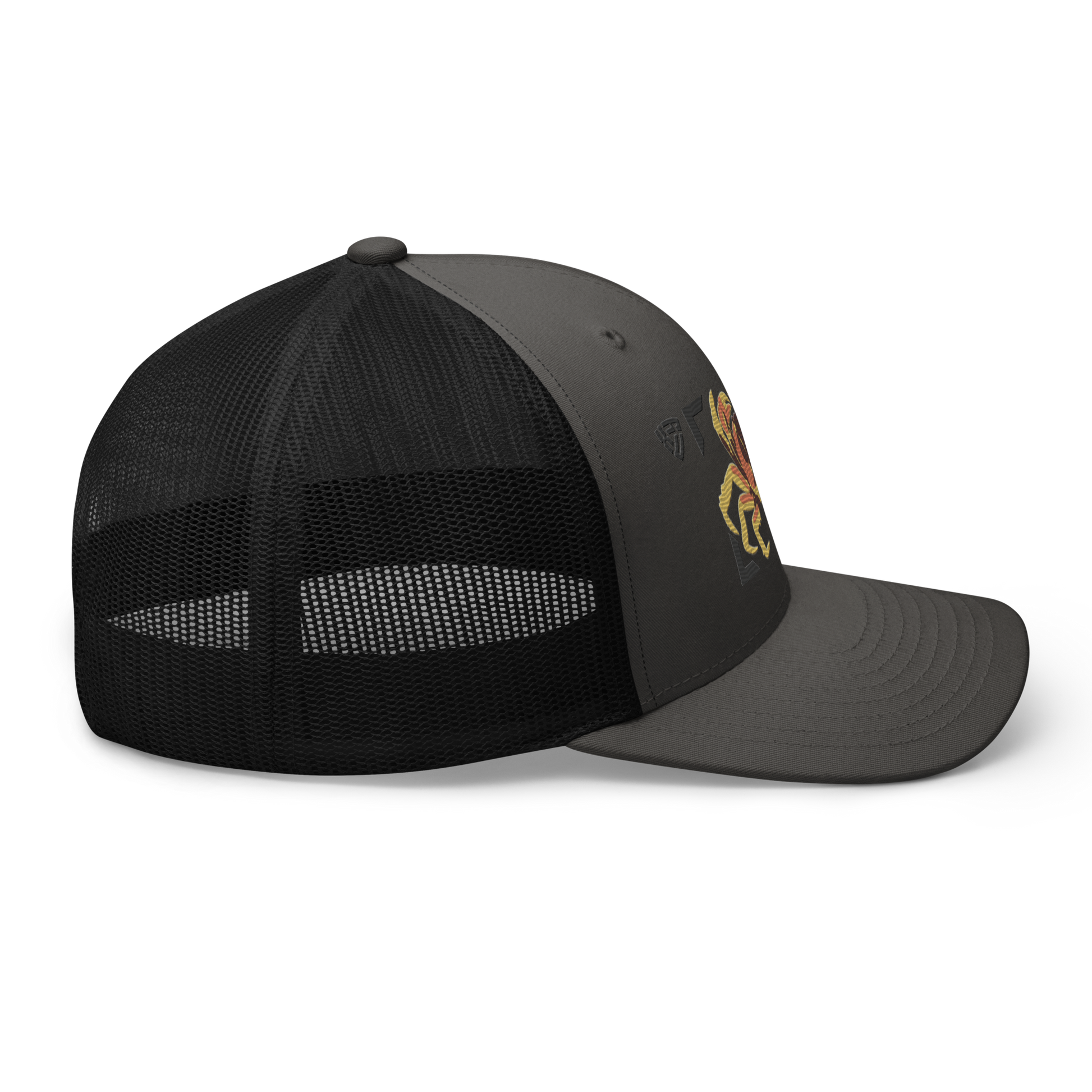 Blackback Land Crab "Gecarcinus lateralis" Embroidered Charcoal Grey & Black Trucker Hat Right Mockup