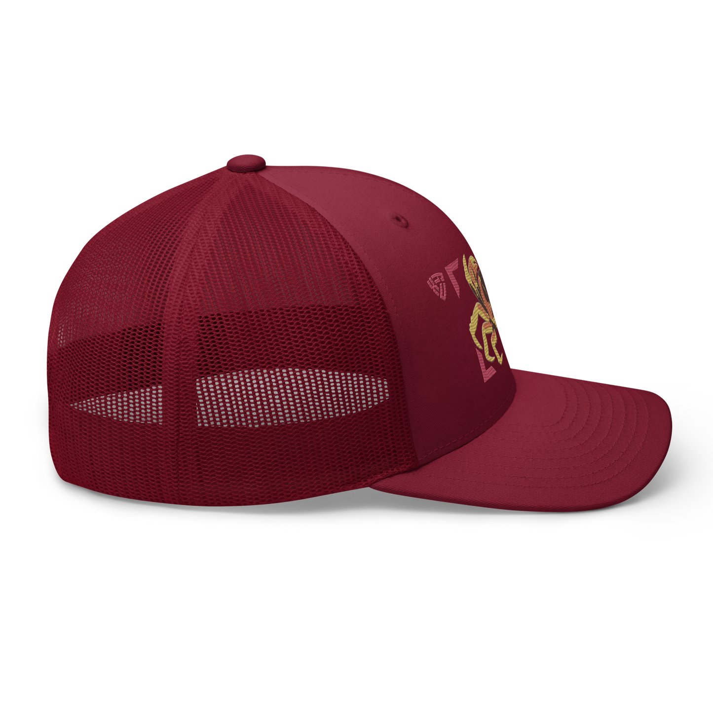 Blackback Land Crab "Gecarcinus lateralis" Embroidered Cranberry Red Trucker Hat Right Mockup