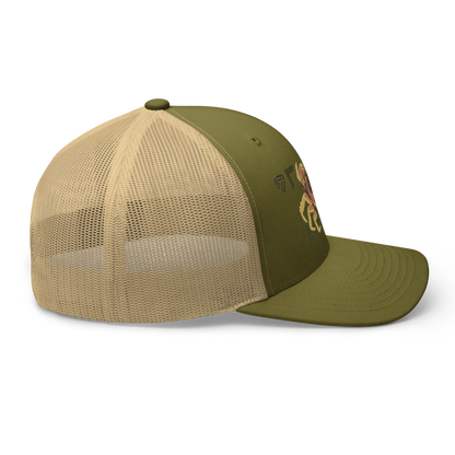 Blackback Land Crab "Gecarcinus lateralis" Embroidered Moss Green & Khaki Trucker Hat Right Mockup