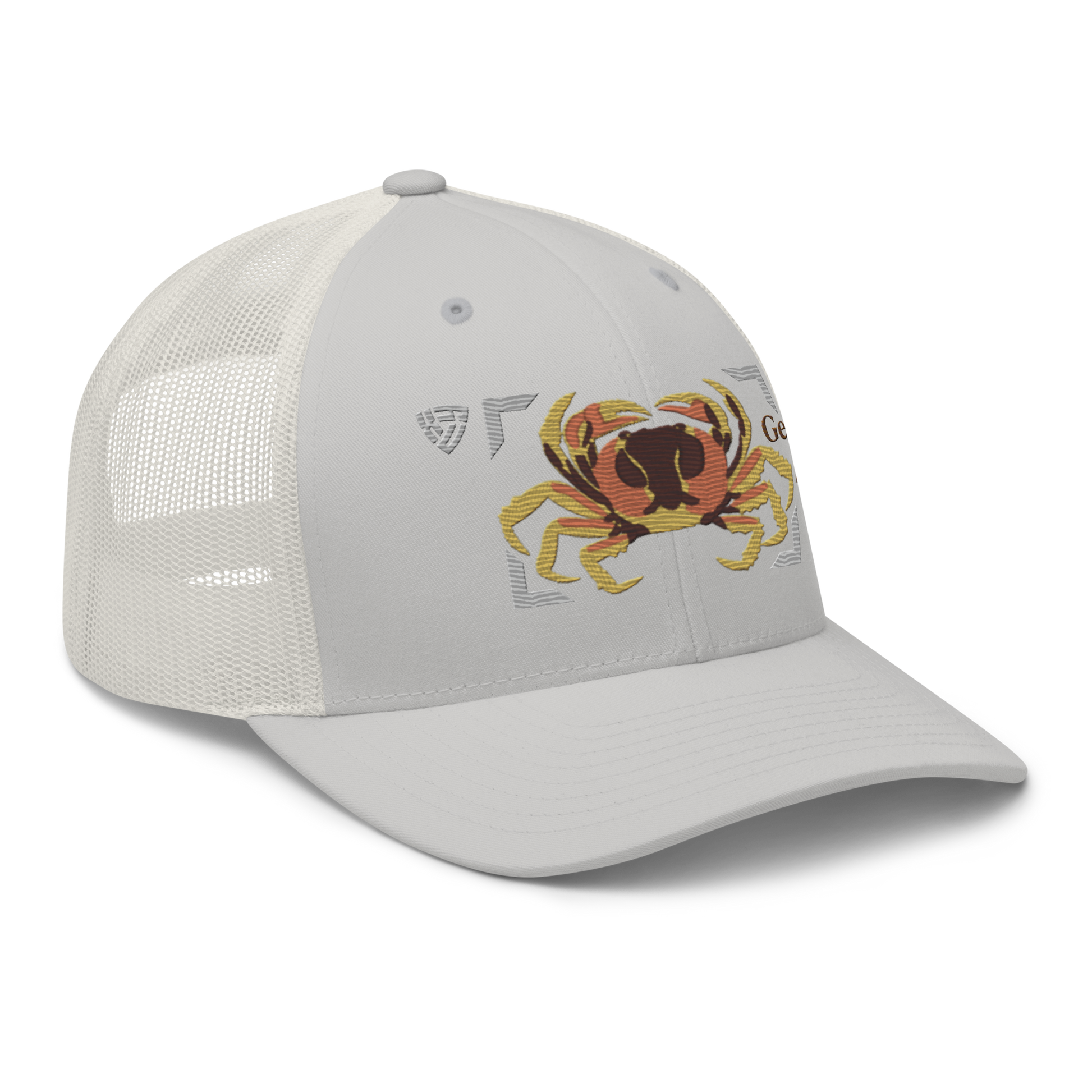Blackback Land Crab "Gecarcinus lateralis" Embroidered Silver Trucker Hat Right Front Mockup