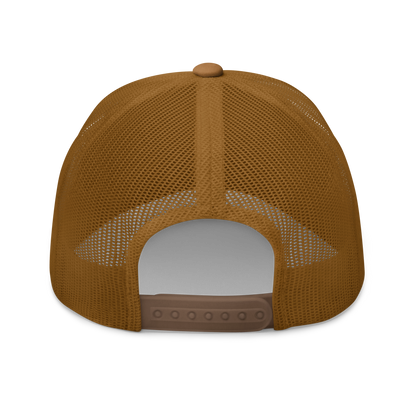 The Large Red Slug "Arion rufus" Embroidered Caramel Trucker Hat Back Mockup