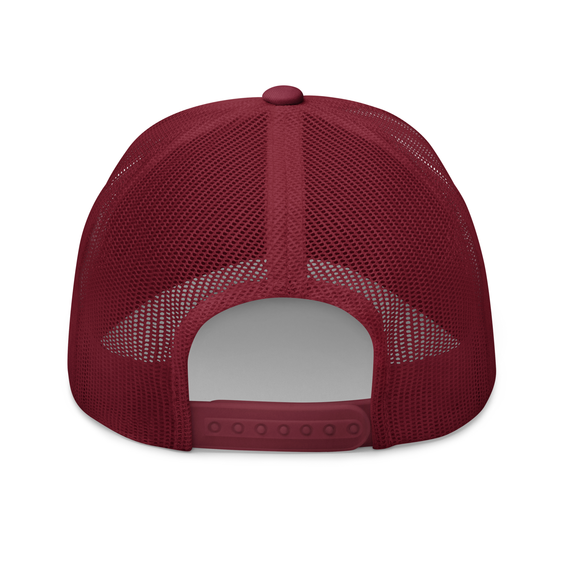 The Large Red Slug "Arion rufus" Embroidered Cranberry Red Trucker Hat Left Mockup