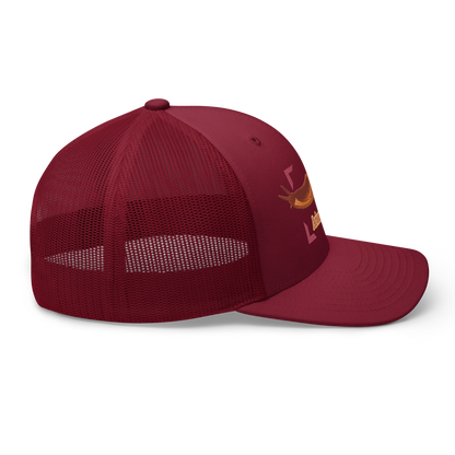 The Large Red Slug "Arion rufus" Embroidered Cranberry Red Trucker Hat Right Mockup