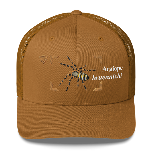 Wasp Spider "Argiope bruennichi" Embroidered Caramel Trucker Hat Front Mockup
