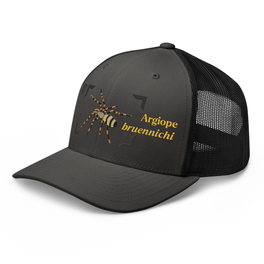 Wasp Spider "Argiope bruennichi" Embroidered Charcoal Grey & Black Trucker Hat Left Front Mockup