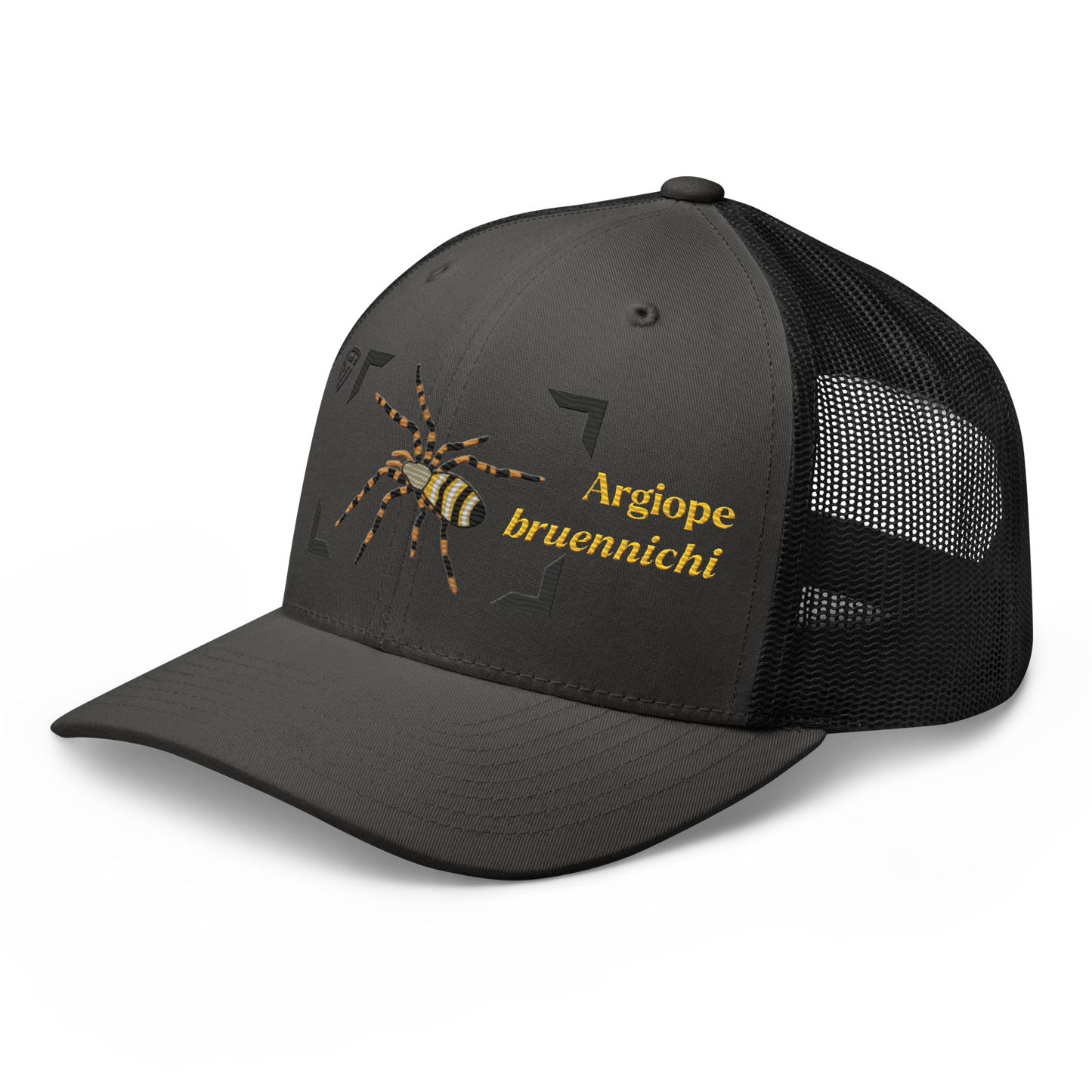 Wasp Spider "Argiope bruennichi" Embroidered Charcoal Grey & Black Trucker Hat Left Front View