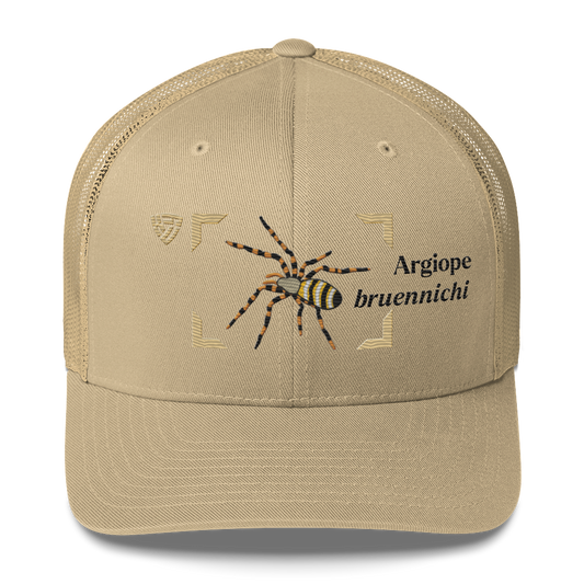 Wasp Spider "Argiope bruennichi" Embroidered Khaki Trucker Hat Front Mockup