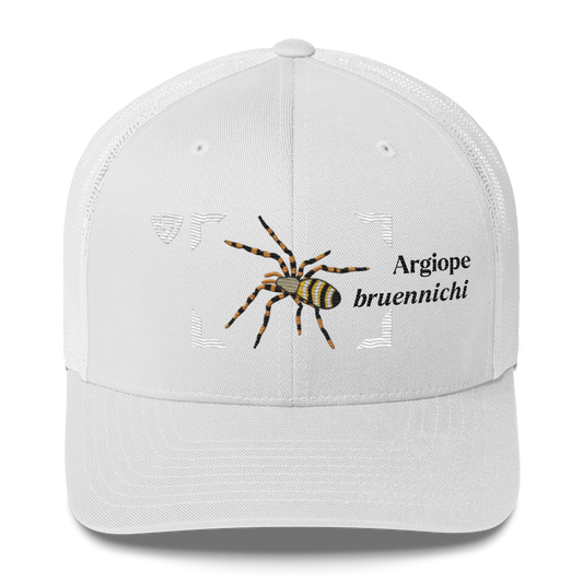 Wasp Spider "Argiope bruennichi" Embroidered White Trucker Hat Front Mockup