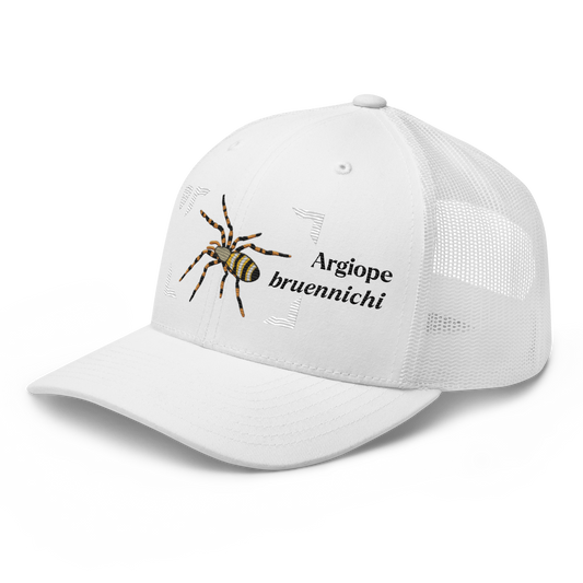 Wasp Spider "Argiope bruennichi" Embroidered White Trucker Hat Left Front Mockup